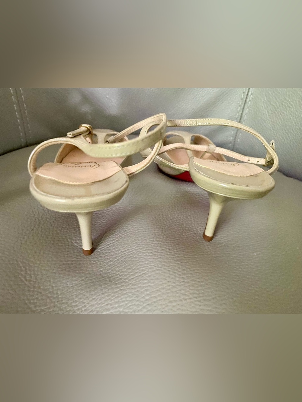 Christian Louboutin tan  T-Strap Peep-Toe Slingback Heels - Picture 5 of 15